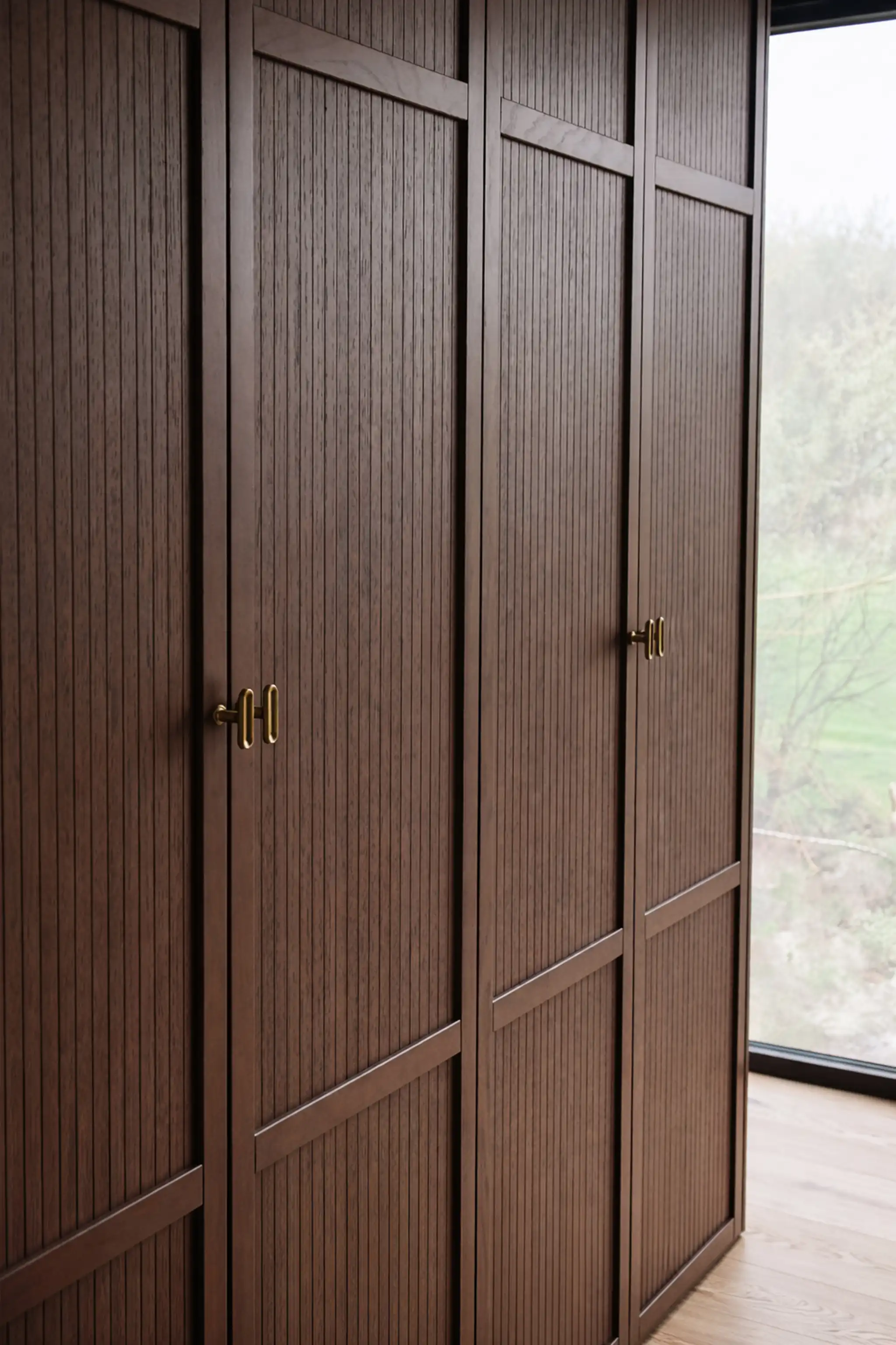 Detail van dressingdeuren met groeven, massief eiken kaders en messing grepen